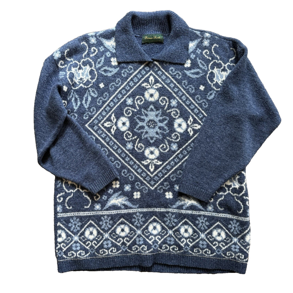 Vintage Dana Scott Fair Isle Sweater Women's XL Blue White Grandmacore Nordic